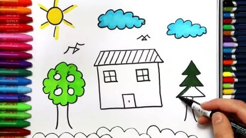 Ev, Ağaç, Güneş, Bulut Nasıl Çizilir - Çizelim Boyayalım
